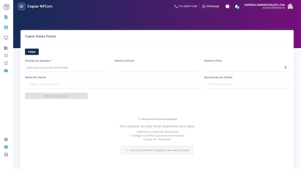 Animação: preenchendo as datas no modal e clicando em Somente Copiar ou Copiar e Transmitir