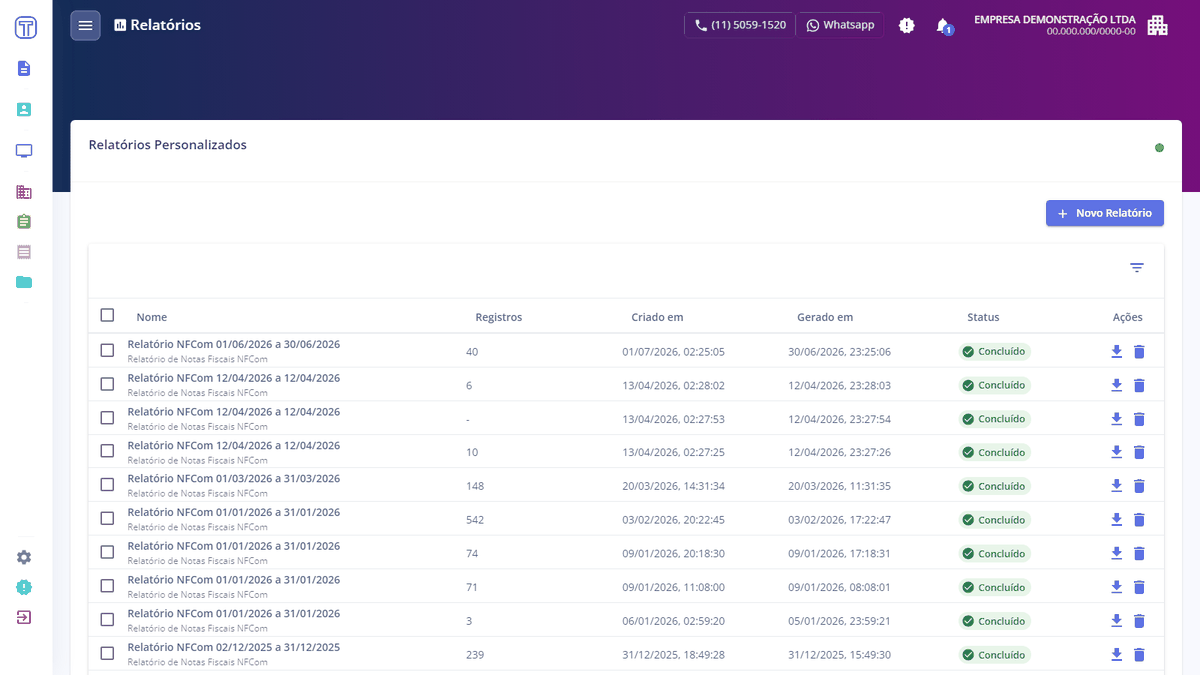 Animação: clicando em Novo Relatório